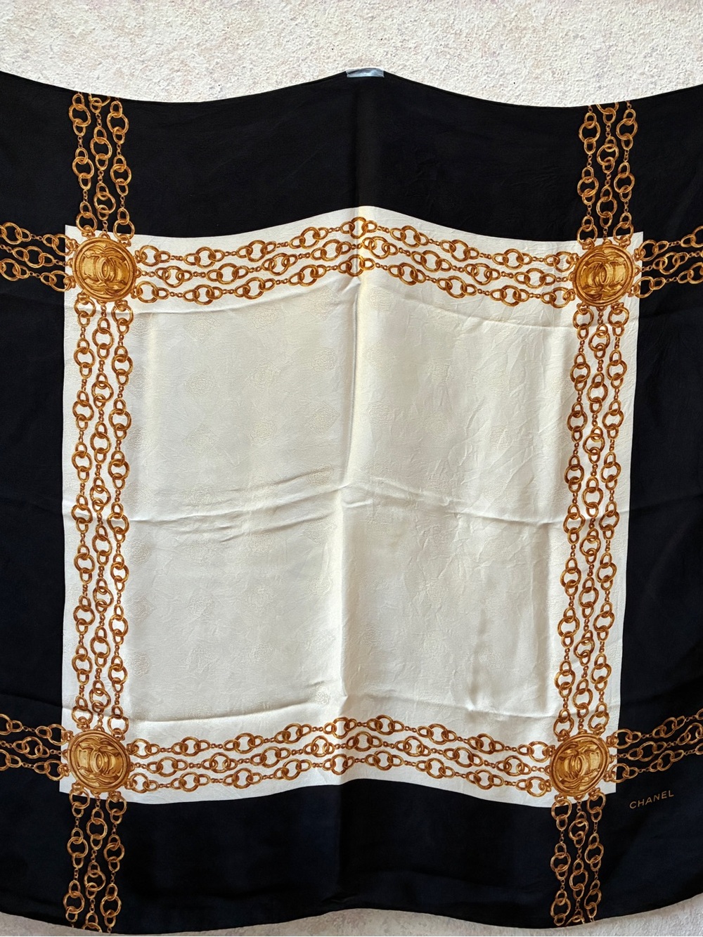 CHANEL Black & Cream Chain-Print Silk Scarf Vintage